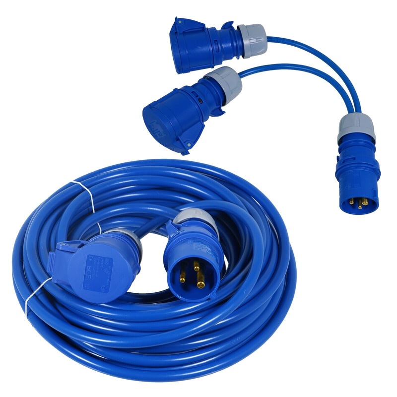 16A Extension Lead 14m 240V 2.5mm Heavy Duty Blue Power Cable + 2 x 16 Amp Splitter Kit