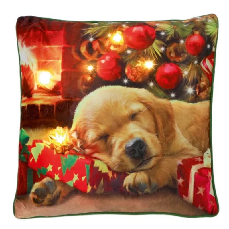 45 x 45cm Lit BO Christmas Puppy by the Fire Cushion 2 Asst | LB242205