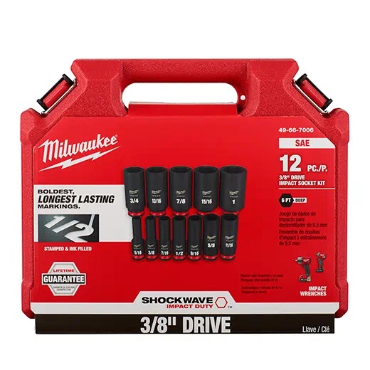 Milwaukee Shockwave 12PC 3/8″ Drive SAE Deepwell 6 Point Impact Socket Set #49-66-7006