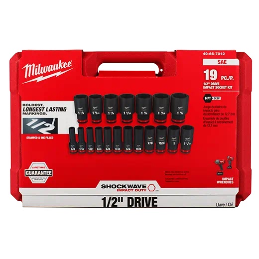 Milwaukee Shockwave 19PC 1/2″ Drive SAE Deepwell 6 Point Impact Duty Socket Set #49-66-7012