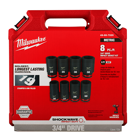 Milwaukee Shockwave 8PC 3/4″ Drive Metric Deepwell 6 Point Impact Duty Socket Set #49-66-7020