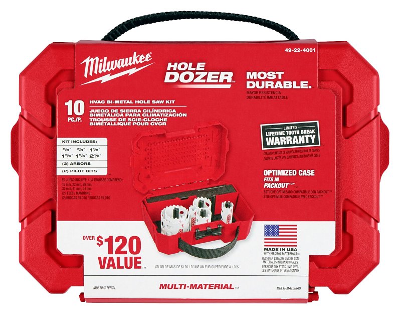 Milwaukee HOLE DOZER 10-Piece Bi-Metal Hole Saw Kit, 3.5 TPI, Multi-Purpose, OEM #49-22-4001