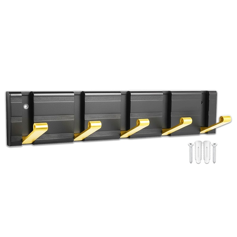 Luxury Wall Mounted Coat Rack 5 Hooks Aluminium Retractable Hanging Hook Rail (Black + Gold)