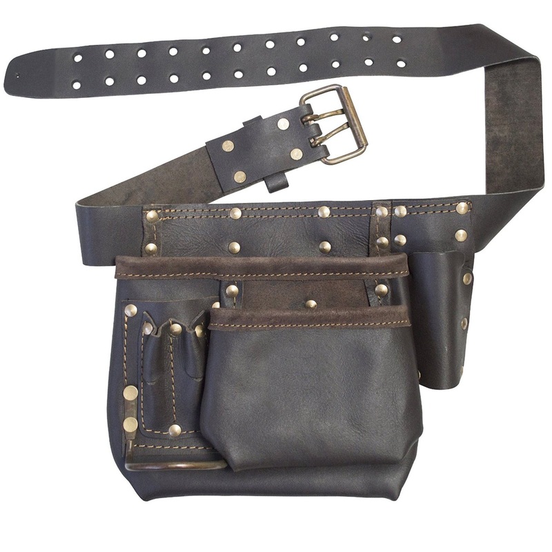 Oil Tanned Leather Tool Belt Pouch Multi Pocket Carpenter Builder Construction