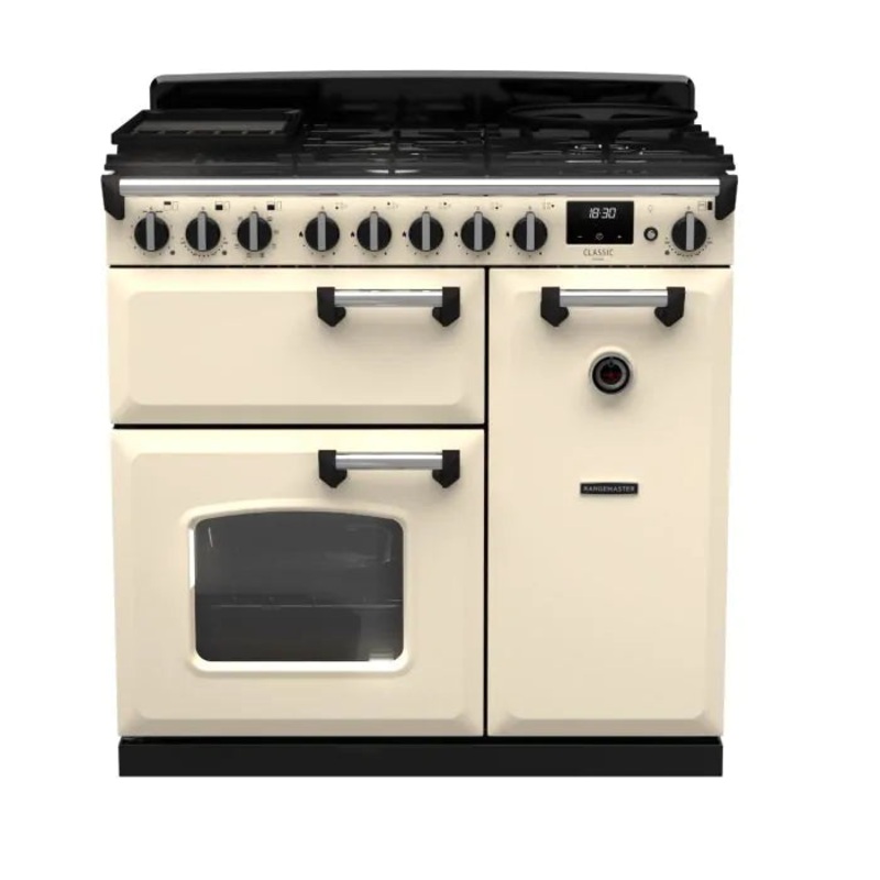 Rangemaster Classic Deluxe 90 Dual Fuel Pale Cream with Chrome Trim | CLDL90DFPPCR/CM1