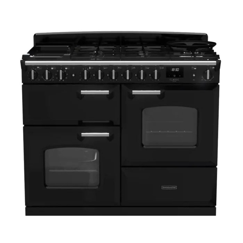Rangemaster Classic Deluxe Oc 110 Dual Fuel Charcoal Black with Chrome Trim | CLDLO110DFPCBL/CM1