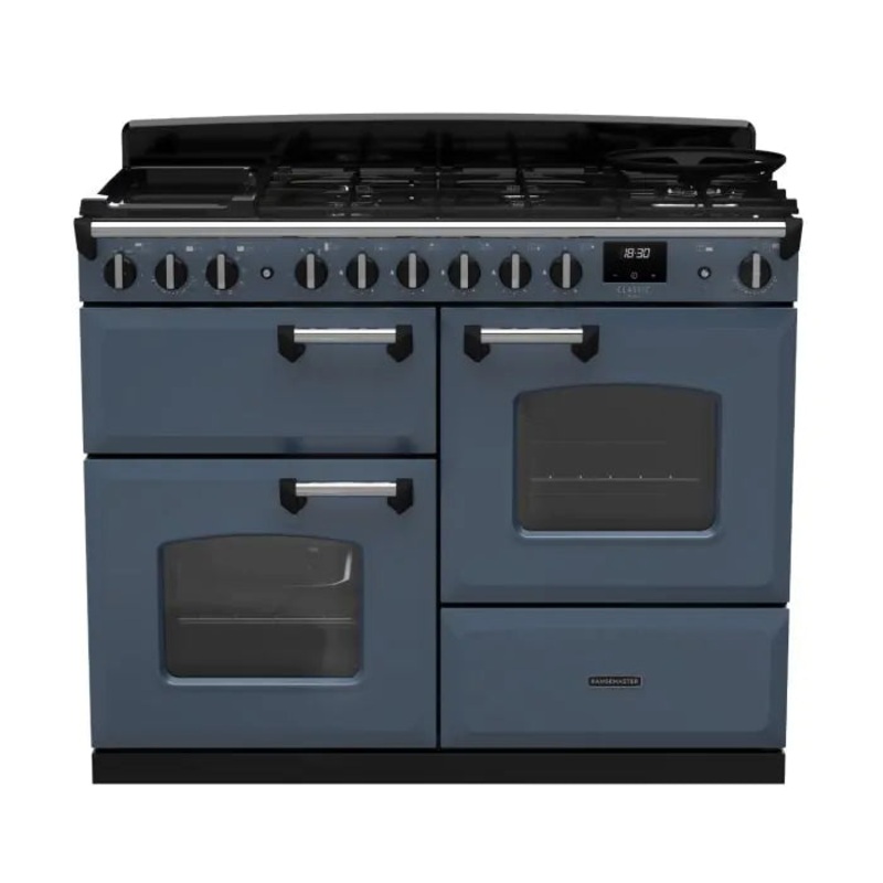 Rangemaster Classic Deluxe Oc 110 Dual Fuel Stone Blue with Chrome Trim | CLDLO110DFPSTB/CM1