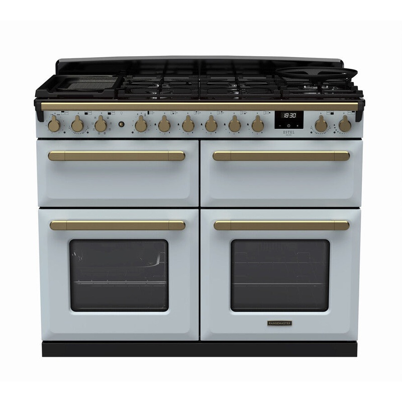 Rangemaster Estel Deluxe 110 Slow Oven | Dual Fuel | Misty Blue| Antique Brass Trim | ESDLB110DFPMSB/AB1