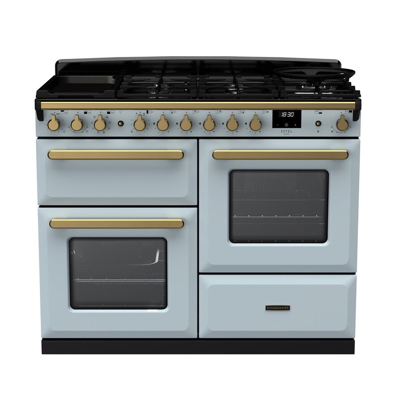 Rangemaster Estel Deluxe 110 Standard Format | Dual Fuel | Misty Blue | Antique Brass Trim | ESDLO110DFPMSB/AB1