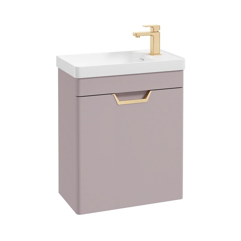 Sonas Freya 55Cm 1 Door Cloakroom Wall Hung Vanity Unit Matt Cashmere Pink-Brushed Gold Handle | GWFRE55CRCP