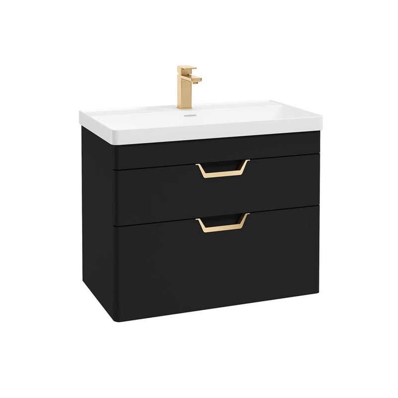 Sonas Freya Wall Hung 80Cm Two Drawer Vanity Unit | Matt Black | Gold Handle | UF1144