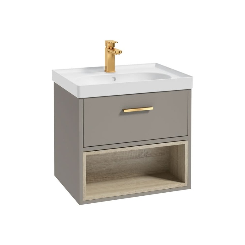 Sonas Malm 60Cm Single Drawer, Open Shelf Unit, Khaki, Brushed Gold Handle, Matt Basin | GMAL60KHMB