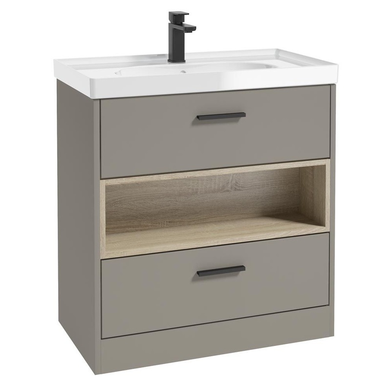 Sonas Malmo Floorstanding 80Cm Two Drawer Vanity Unit | Matt Khaki | Matt Black Handle | Gloss Basin | UF1050