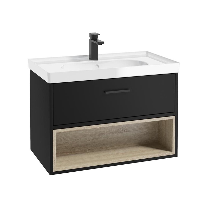 Sonas Malmo Wall Hung 80Cm Single Drawer Vanity Unit | Matt Black | Matt Black Handle | Gloss Basin | UF1011