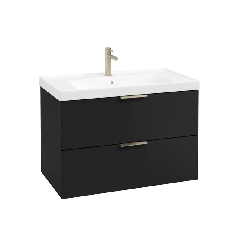 Sonas Stockholm Wall Hung 80Cm Two Drawer Vanity Unit | Matt Black | Brushed Nickel Handle | UF1611