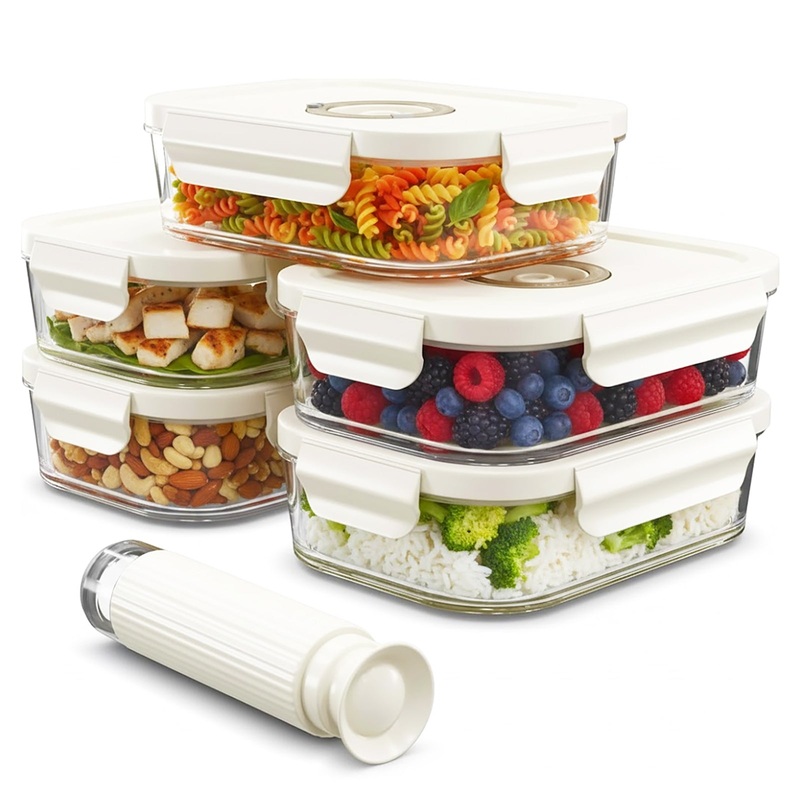 Vacuum Food Storage Glass Containers with Securing Clips Lids (Pack of 5, Small, 630ml) + Manual Sealing Pump